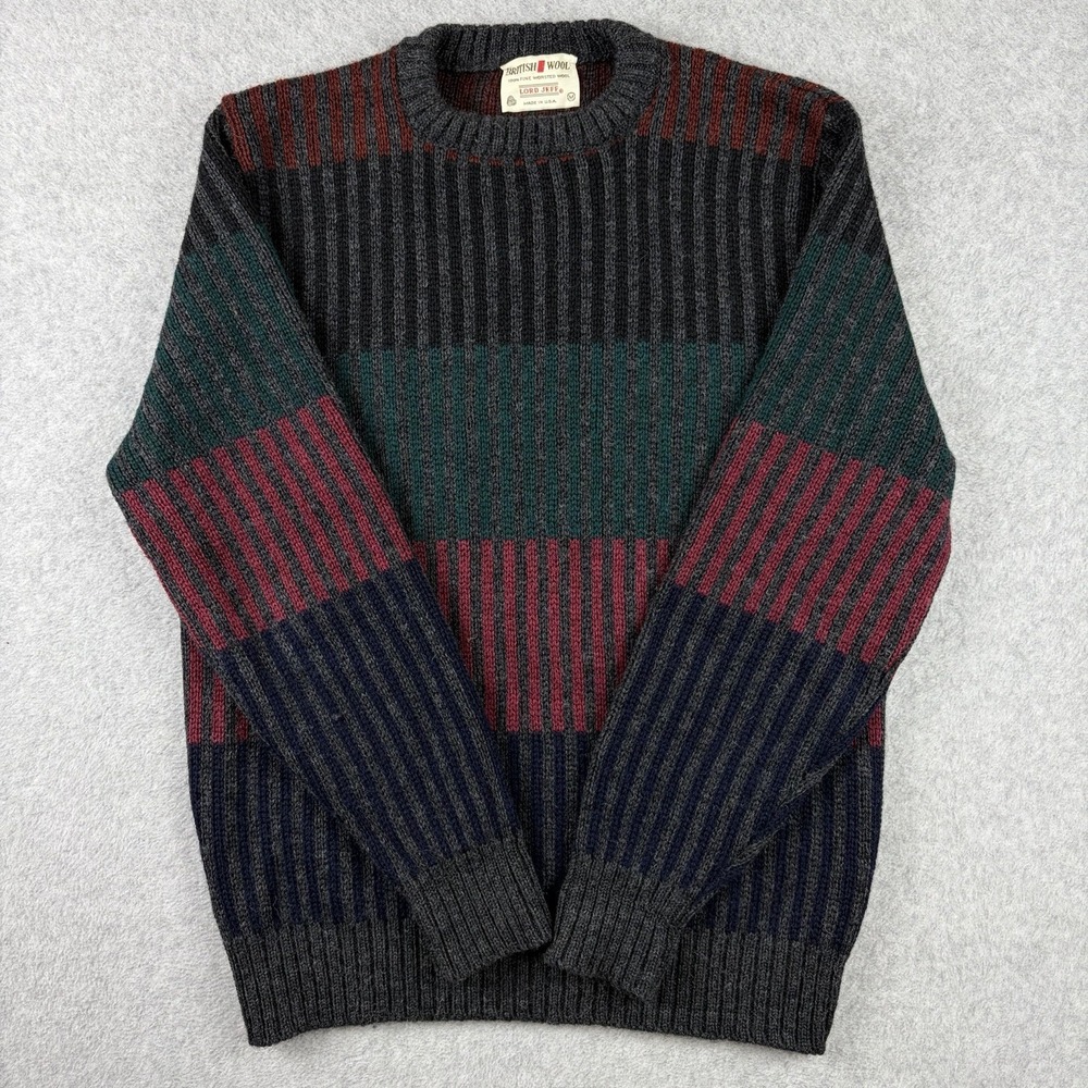 Vintage Lord Jeff Sweater Mens Medium Gray Stripe Colorblock Ribbed Wool USA 80s